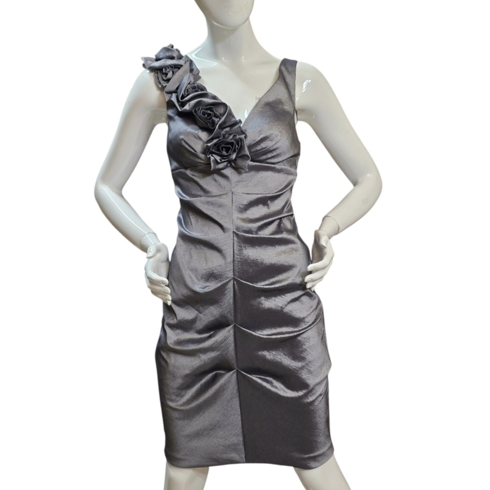 Xscape Metallic Silver Gray One Shoulder Cocktail Dress with Rosette Detail Sz 8